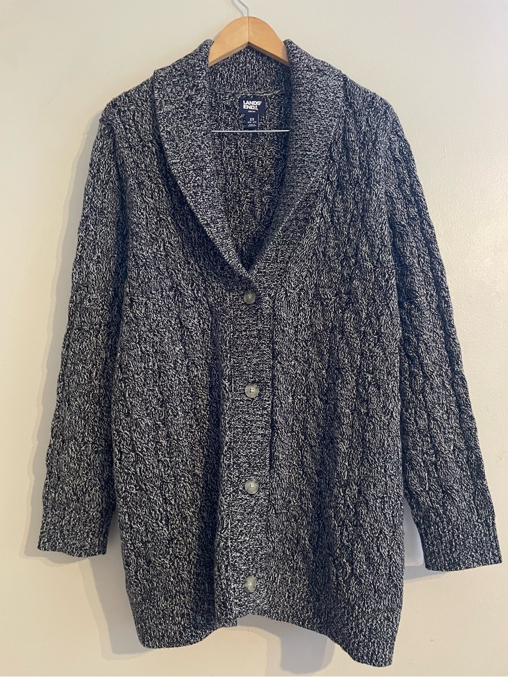 Lands End Women’s 100% Cotton Cable Knit Shawl Neck Sweater Sz 2X Gray Heavy